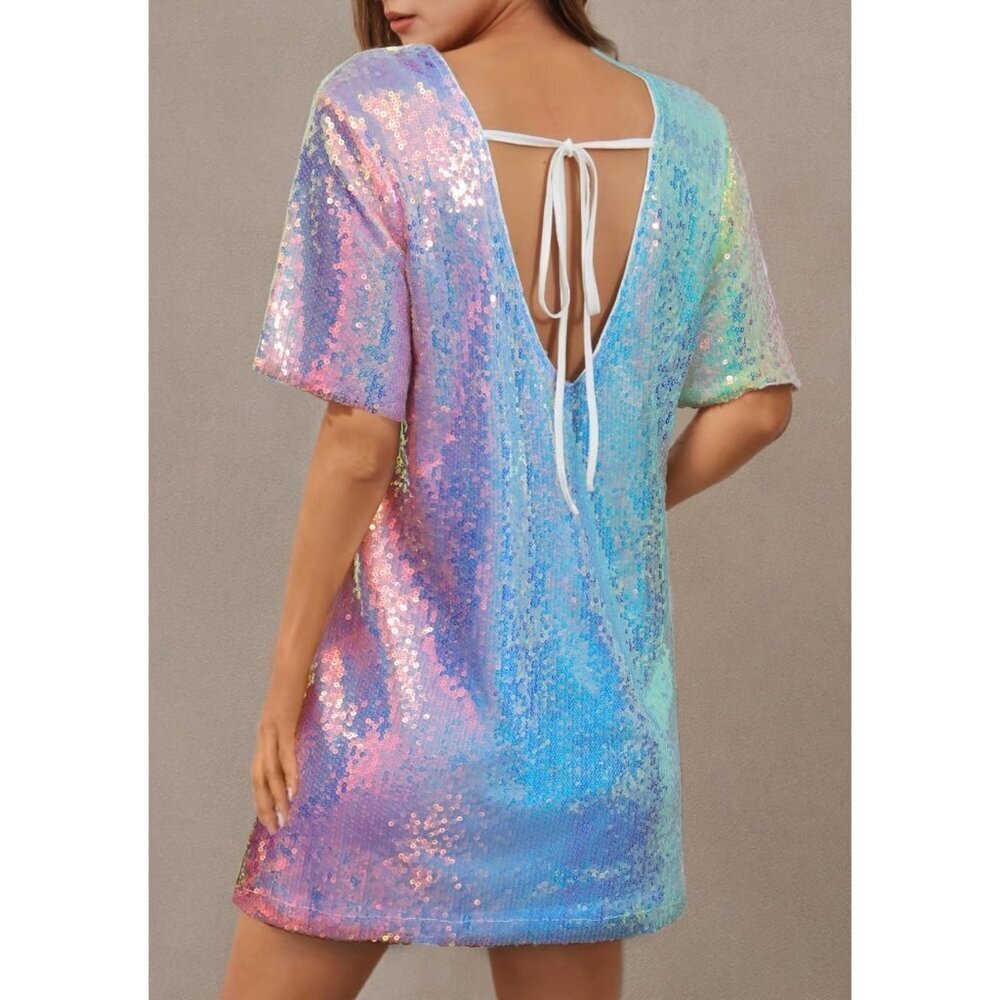 Women's Sequin Shift Dress Mini Crew Neck Sparkly V Neck Short Sleeve - Picture 2 of 6